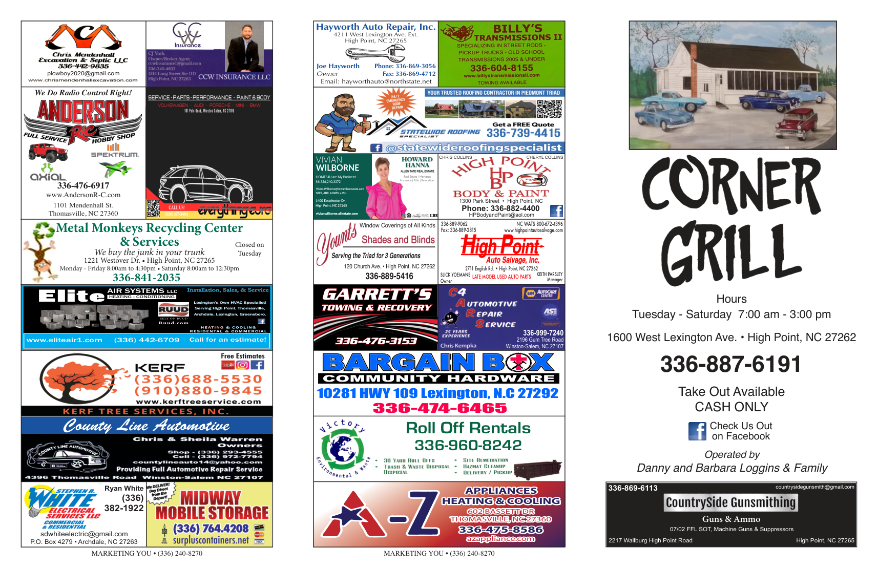 Corner Grill menu advertising example, side 1